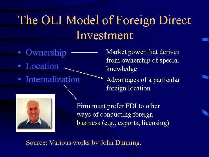 The OLI Model of Foreign Direct Investment • Ownership • Location • Internalization Market