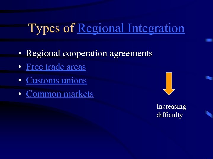 Types of Regional Integration • • Regional cooperation agreements Free trade areas Customs unions