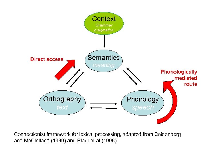 Context Grammar pragmatics Direct access Semantics meaning Phonologically mediated route Orthography text Phonology speech