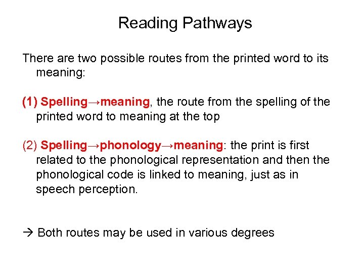 Reading Pathways There are two possible routes from the printed word to its meaning: