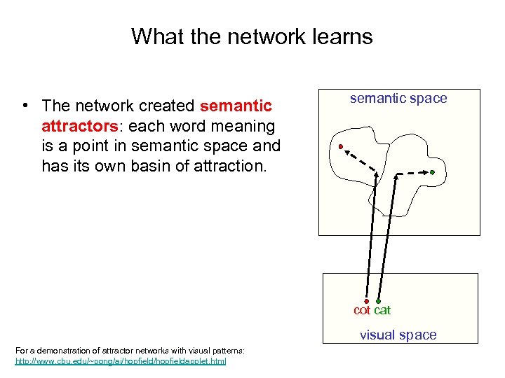 What the network learns • The network created semantic attractors: each word meaning is