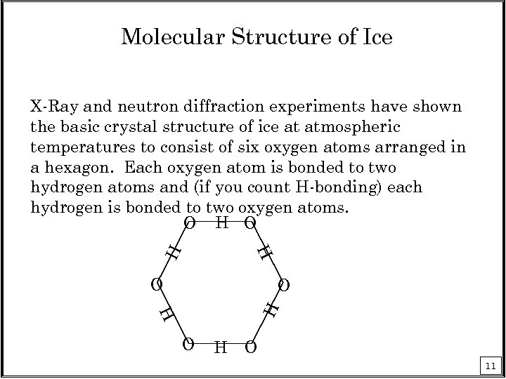 Molecular Structure of Ice X-Ray and neutron diffraction experiments have shown the basic crystal