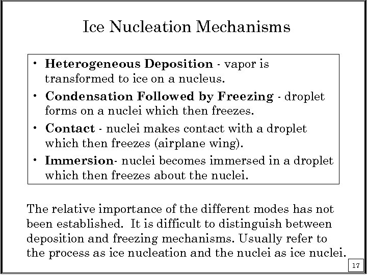 Ice Nucleation Mechanisms • Heterogeneous Deposition - vapor is transformed to ice on a