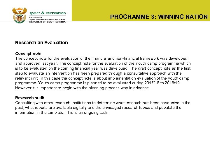 PROGRAMME 3: WINNING NATION Research an Evaluation Concept note The concept note for the