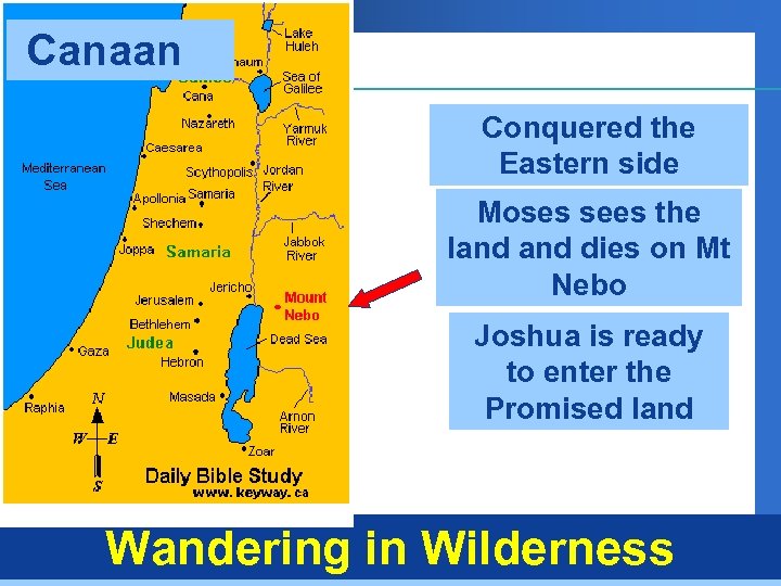 Canaan Conquered the Eastern side Moses sees the land dies on Mt Nebo Joshua