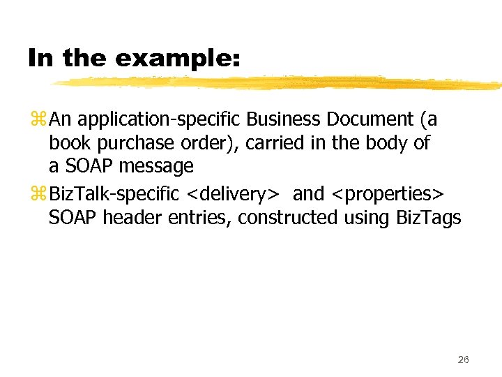 In the example: z An application-specific Business Document (a book purchase order), carried in