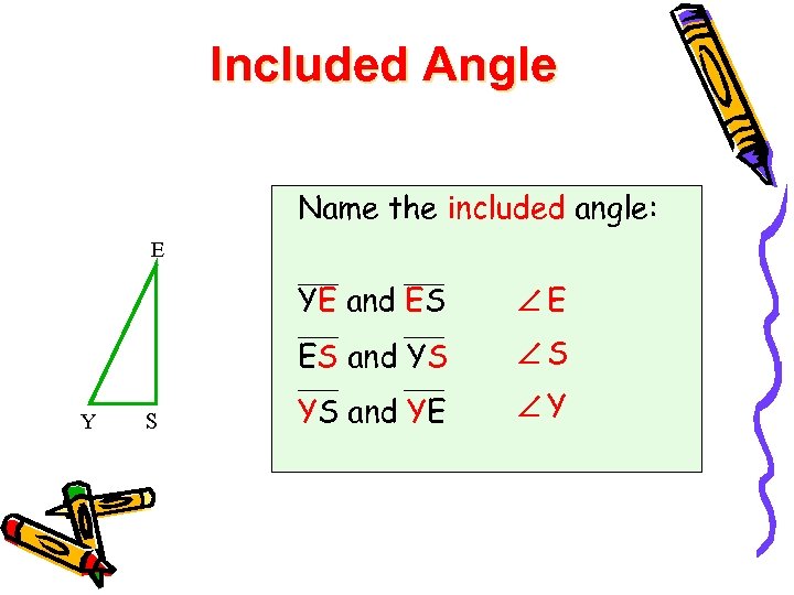 Included Angle Name the included angle: E YE and ES ES and YS Y