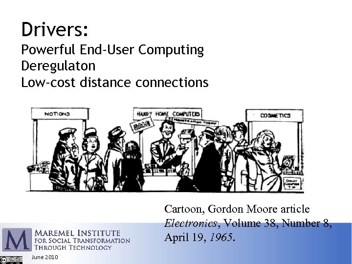 Drivers: Powerful End-User Computing Deregulaton Low-cost distance connections Cartoon, Gordon Moore article Electronics, Volume