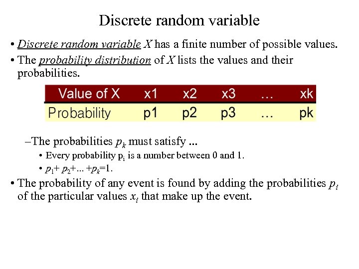 Discrete random variable • Discrete random variable X has a finite number of possible