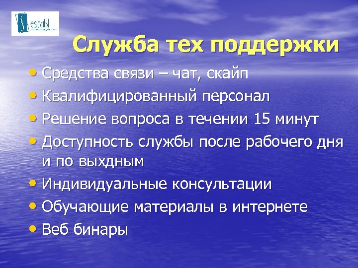 Служба тех поддержки • Средства связи – чат, скайп • Квалифицированный персонал • Решение