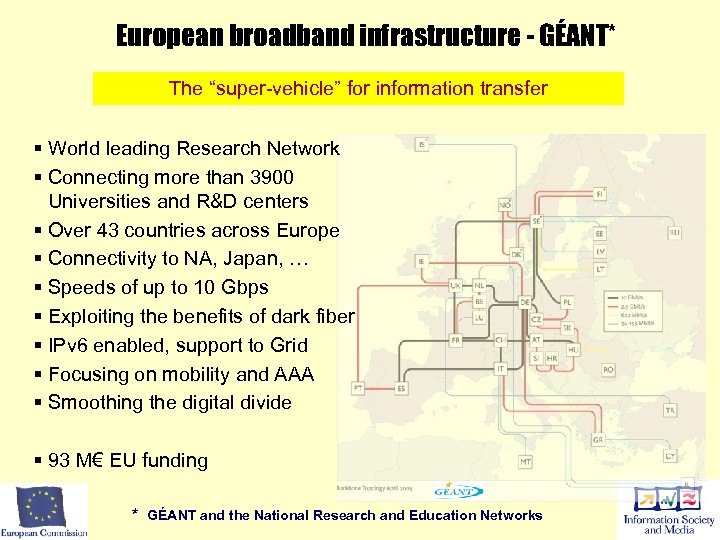 European broadband infrastructure - GÉANT* The “super-vehicle” for information transfer § World leading Research