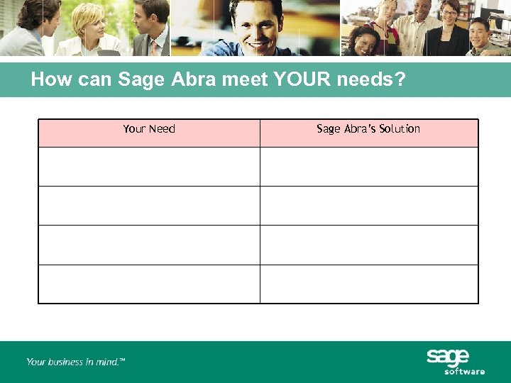 How can Sage Abra meet YOUR needs? Your Need Sage Abra’s Solution 