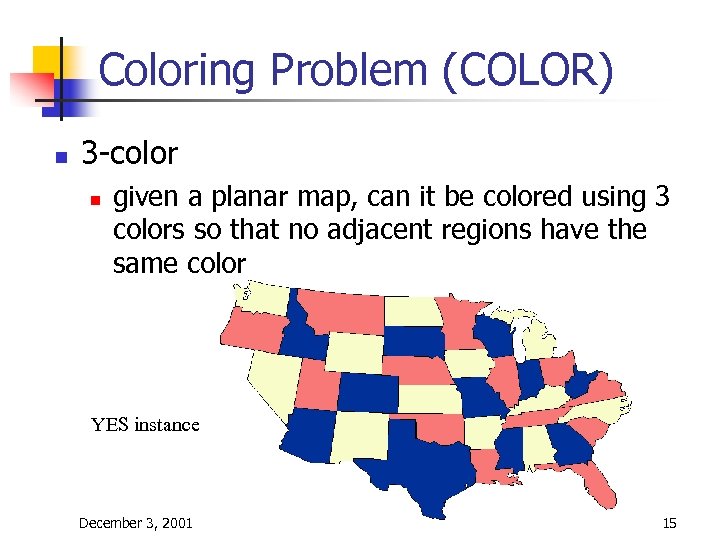 Coloring Problem (COLOR) n 3 -color n given a planar map, can it be