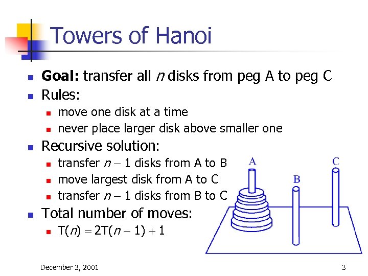 Towers of Hanoi n n Goal: transfer all n disks from peg A to