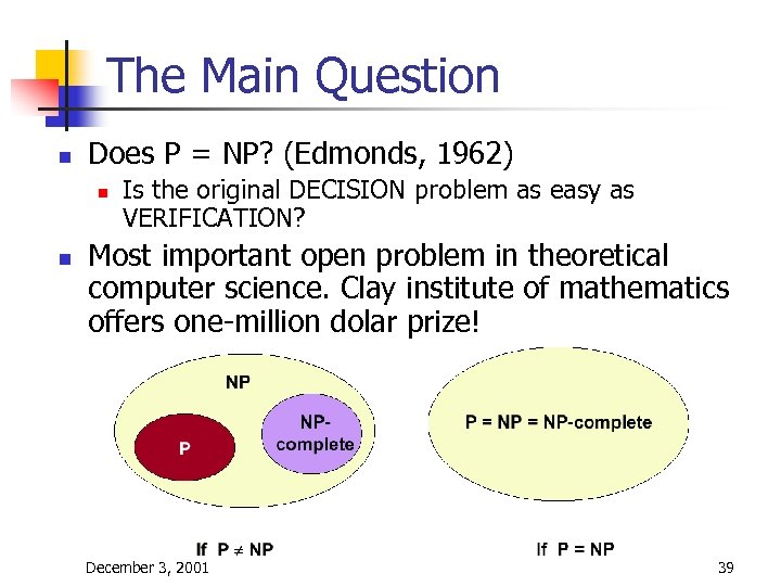 The Main Question n Does P = NP? (Edmonds, 1962) n n Is the