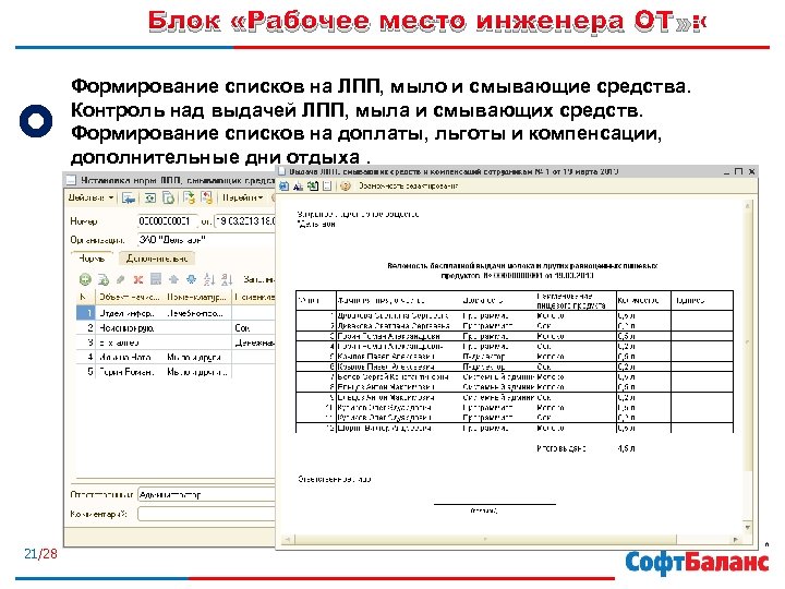 Блок «Рабочее место инженера ОТ» : Формирование списков на ЛПП, мыло и смывающие средства.