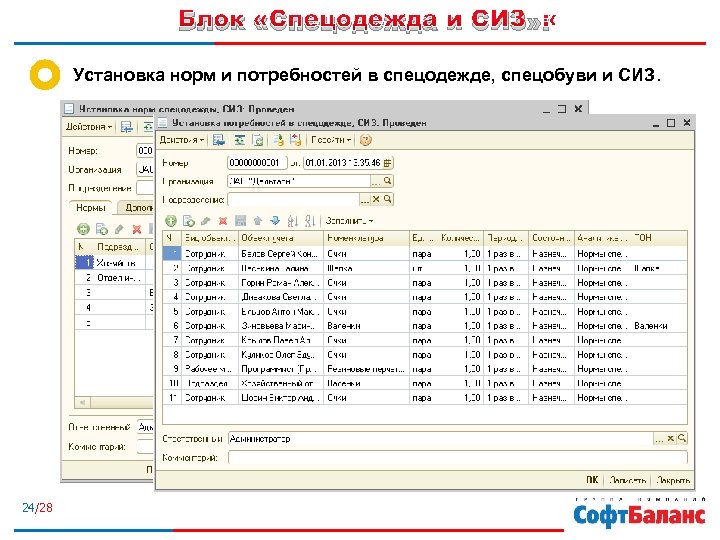 Блок «Спецодежда и СИЗ» : Установка норм и потребностей в спецодежде, спецобуви и СИЗ.