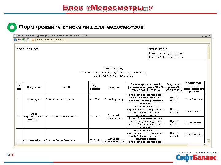 Блок «Медосмотры» : Формирование списка лиц для медосмотров 5/28 