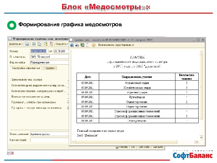 Блок «Медосмотры» : Формирование графика медосмотров 7/28 