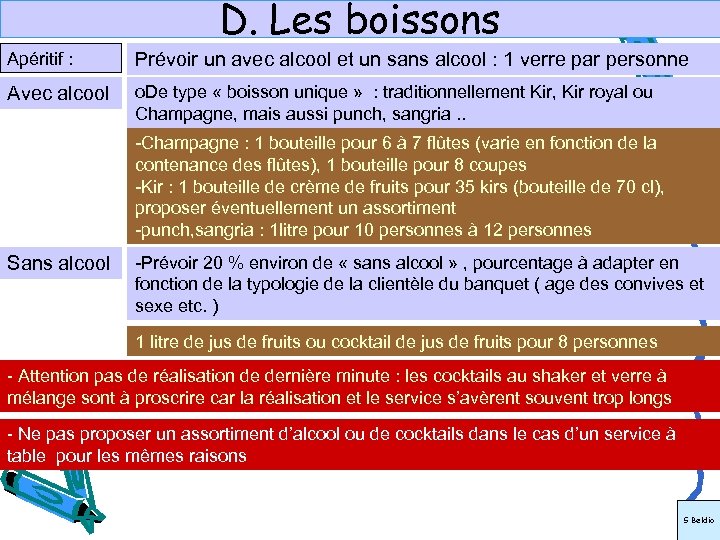 D. Les boissons Apéritif : Prévoir un avec alcool et un sans alcool :