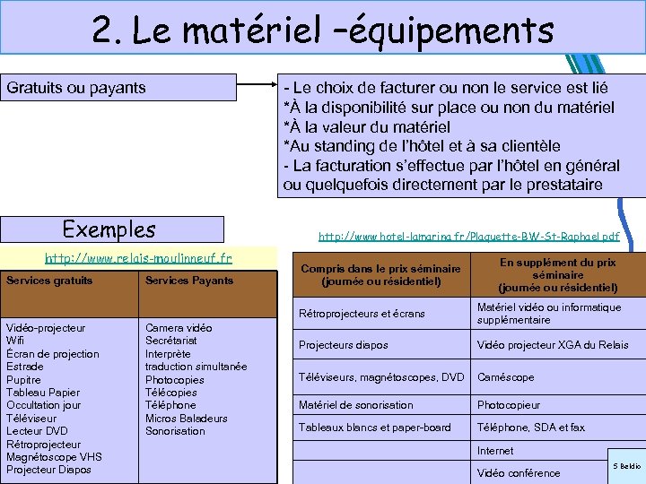 2. Le matériel –équipements Gratuits ou payants - Le choix de facturer ou non