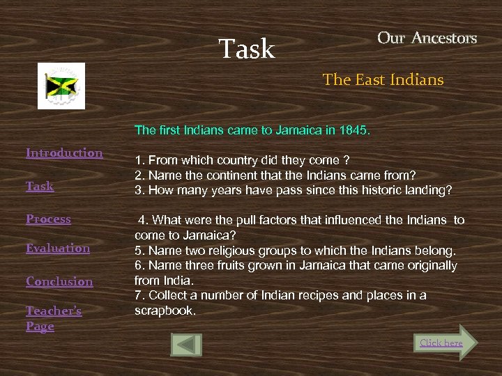 Task Our Ancestors The East Indians Introduction Task Process Evaluation Conclusion Teacher’s Page The