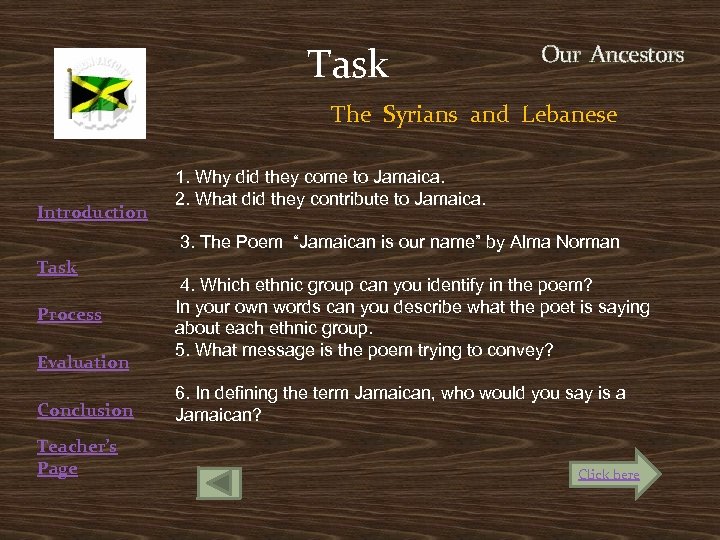Task Our Ancestors The Syrians and Lebanese Introduction Task Process Evaluation Conclusion Teacher’s Page