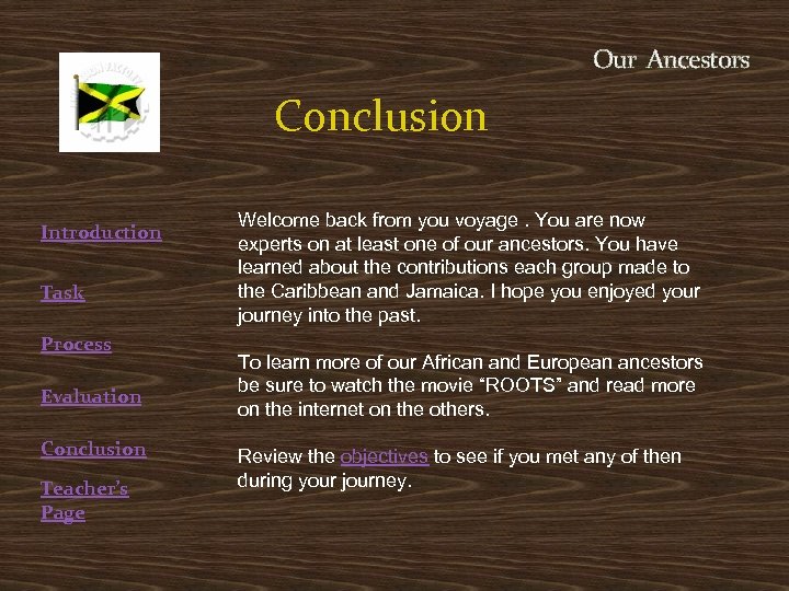 Our Ancestors Conclusion Introduction Task Process Evaluation Conclusion Teacher’s Page Welcome back from you