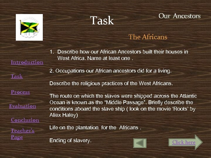 Our Ancestors Task The Africans Introduction Task 1. Describe how our African Ancestors built