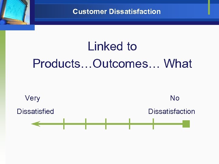 Customer Dissatisfaction Linked to Products…Outcomes… What Very Dissatisfied No Dissatisfaction 