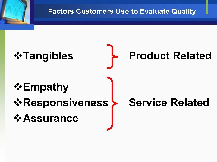 Factors Customers Use to Evaluate Quality v. Tangibles Product Related v. Empathy v. Responsiveness