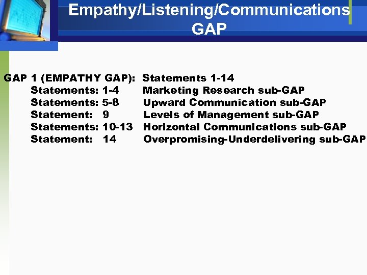 Empathy/Listening/Communications GAP 1 (EMPATHY GAP): Statements: 1 -4 Statements: 5 -8 Statement: 9 Statements: