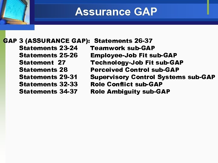 Assurance GAP 3 (ASSURANCE GAP): Statements 26 -37 Statements 23 -24 Teamwork sub-GAP Statements