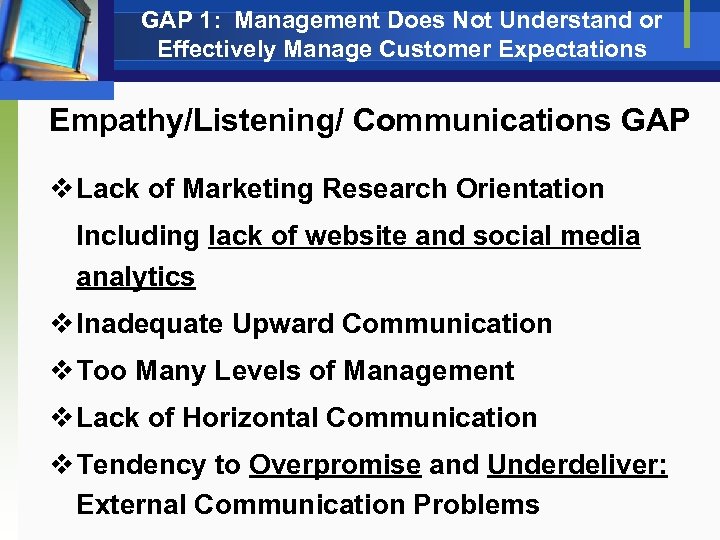 GAP 1: Management Does Not Understand or Effectively Manage Customer Expectations Empathy/Listening/ Communications GAP