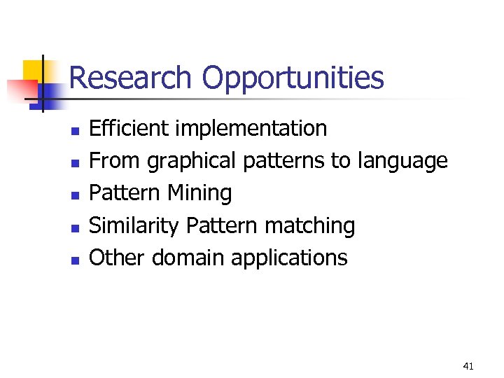 Research Opportunities n n n Efficient implementation From graphical patterns to language Pattern Mining