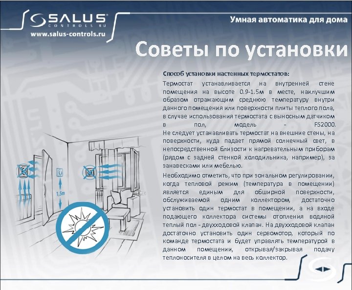 Советы по установки Способ установки настенных термостатов: Термостат устанавливается на внутренней стене помещения на