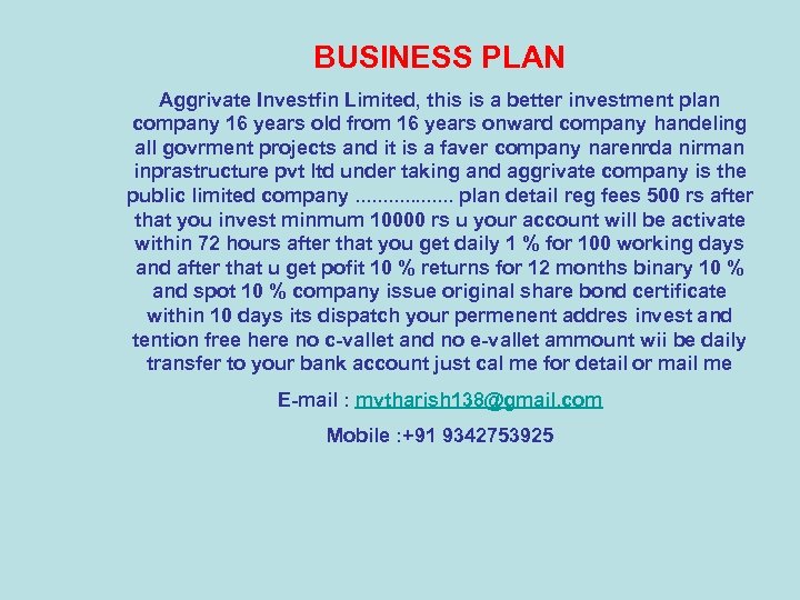 BUSINESS PLAN Aggrivate Investfin Limited, this is a better investment plan company 16 years