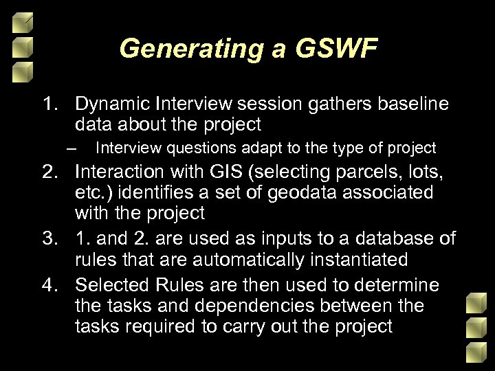 Generating a GSWF 1. Dynamic Interview session gathers baseline data about the project –