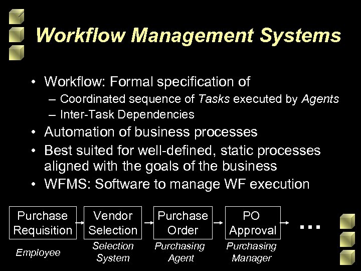 Workflow Management Systems • Workflow: Formal specification of – Coordinated sequence of Tasks executed