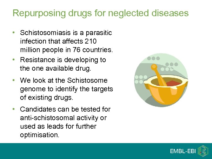 Repurposing drugs for neglected diseases • Schistosomiasis is a parasitic infection that affects 210