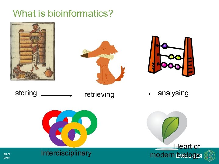 What is bioinformatics? storing 7 3/18/ 2018 retrieving Interdisciplinary analysing Heart of modern biology