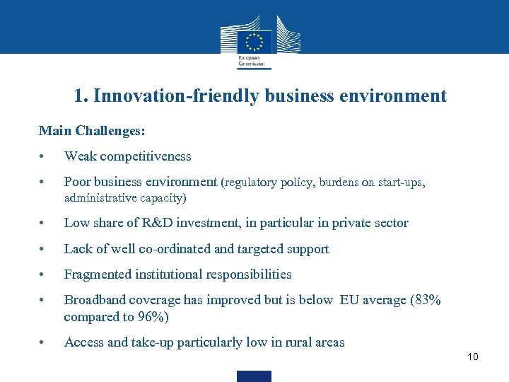 1. Innovation-friendly business environment Main Challenges: • Weak competitiveness • Poor business environment (regulatory
