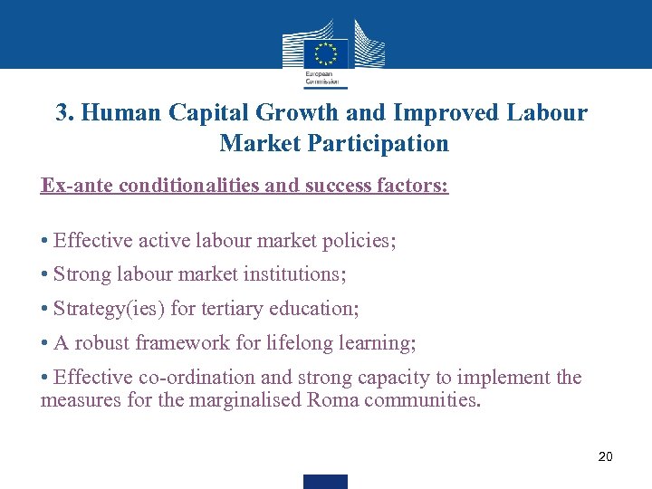 3. Human Capital Growth and Improved Labour Market Participation Ex-ante conditionalities and success factors: