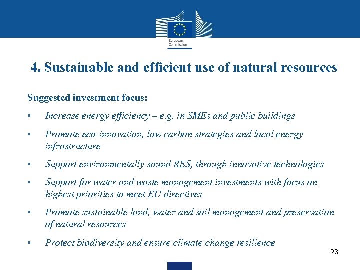 4. Sustainable and efficient use of natural resources Suggested investment focus: • Increase energy