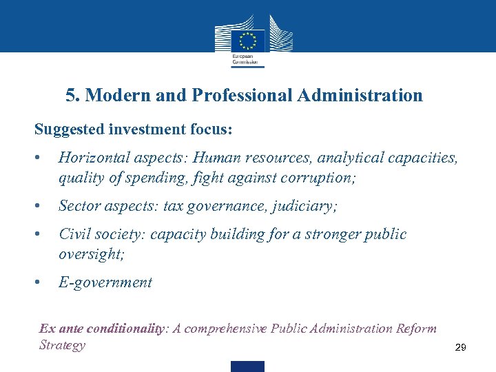 5. Modern and Professional Administration Suggested investment focus: • Horizontal aspects: Human resources, analytical