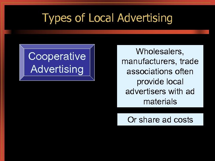 Types of Local Advertising Cooperative Advertising Wholesalers, manufacturers, trade associations often provide local advertisers