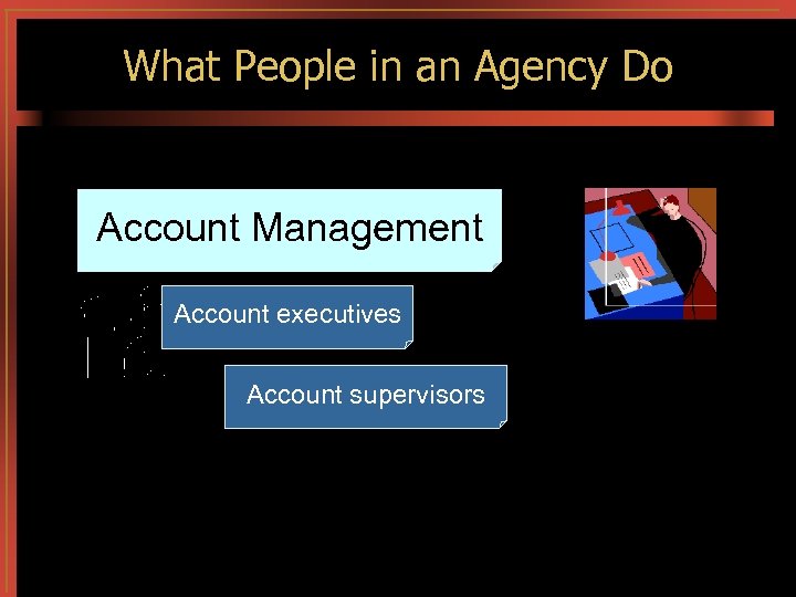 What People in an Agency Do Account Management Account executives Account supervisors 