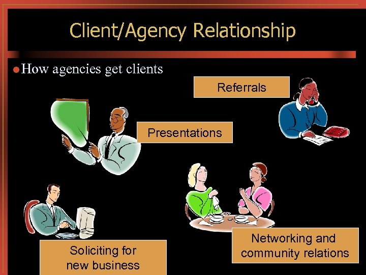 Client/Agency Relationship l How agencies get clients Referrals Presentations Soliciting for new business Networking