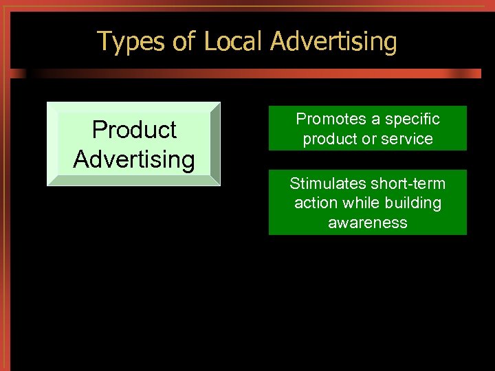 Types of Local Advertising Product Advertising Promotes a specific product or service Stimulates short-term
