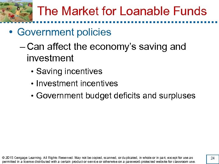 The Market for Loanable Funds • Government policies – Can affect the economy’s saving